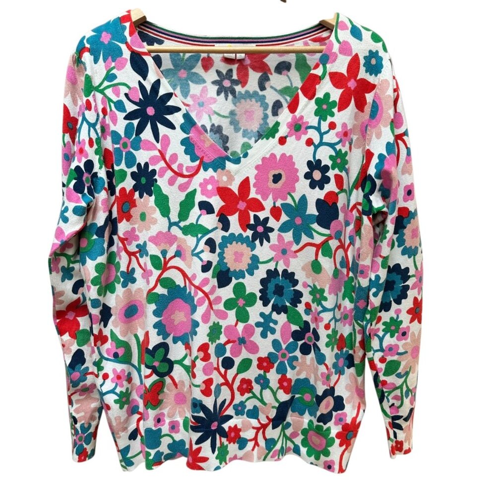 Boden Sweater Floral Whimsical Print V-Neck Long Sleeve Cotton Blend Women's XL